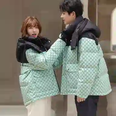 鸭鸭 拼色字母爱心印花连帽拉链羽绒服 男女同款