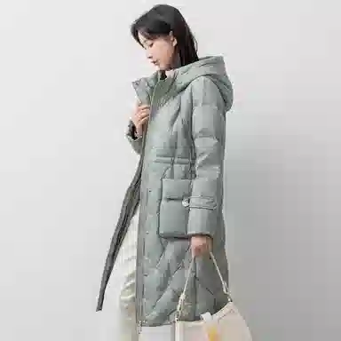 鸭鸭 纯色连帽拉链保暖中长款长袖羽绒服 女款