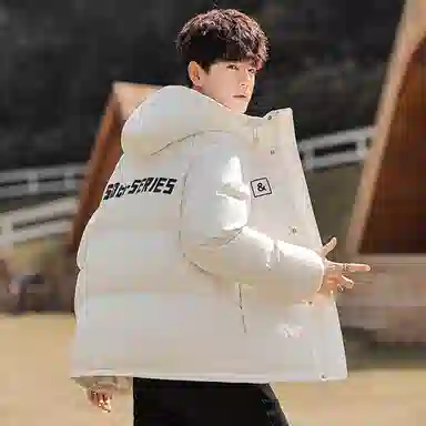 鸭鸭 加厚保暖宽松连帽防风印花字母简约无性别面包服夹克暗黑休闲羽绒服外套 男款