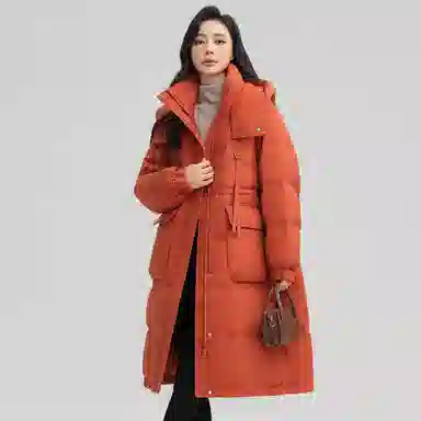 鸭鸭 纯色连帽加厚中长款通勤收腰韩系修身羽绒服 女款