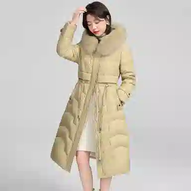 鸭鸭 纯色连帽拉链保暖中长款长袖羽绒服 女款