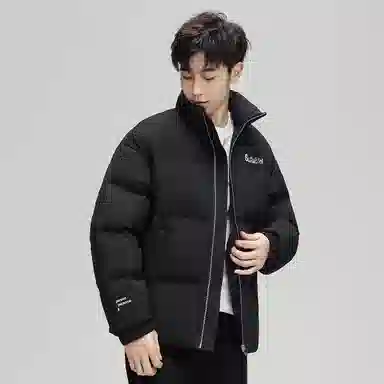 鸭鸭 加厚保暖休闲宽松无性别刺绣字母泡芙面料简约立领暗黑羽绒服外套 男款