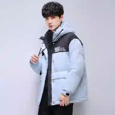 鸭鸭 加厚保暖休闲宽松刺绣字母拼接撞色简约立领连帽羽绒服 男女同款