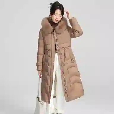 鸭鸭 纯色连帽拉链保暖中长款长袖羽绒服 女款