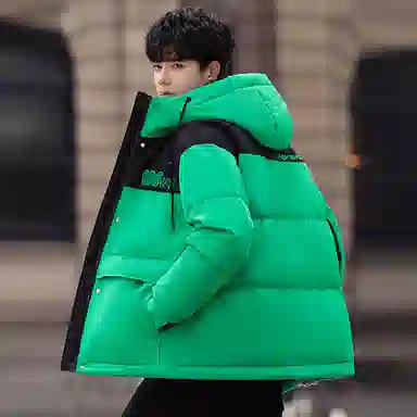 鸭鸭 加厚保暖休闲宽松刺绣字母拼接撞色简约立领连帽羽绒服 男女同款