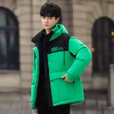 鸭鸭 加厚保暖休闲宽松刺绣字母拼接撞色简约立领连帽羽绒服 男女同款