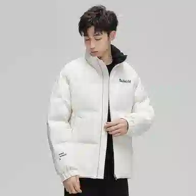 鸭鸭 加厚保暖休闲宽松无性别刺绣字母泡芙面料简约立领暗黑羽绒服外套 男款