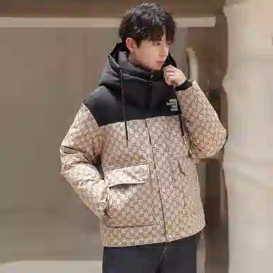 鸭鸭 拼色字母爱心印花连帽拉链羽绒服 男女同款