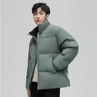 鸭鸭 加厚保暖休闲宽松无性别刺绣字母泡芙面料简约立领暗黑羽绒服外套 男款