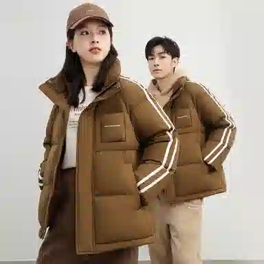 鸭鸭 撞色条纹印花时尚休闲无性别立领羽绒服 男女同款