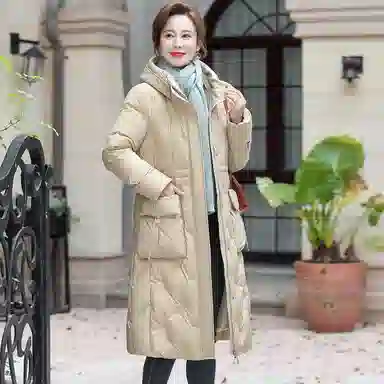 鸭鸭 纯色连帽拉链保暖中长款长袖羽绒服 女款