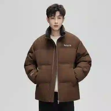 鸭鸭 加厚保暖休闲宽松无性别刺绣字母泡芙面料简约立领暗黑羽绒服外套 男款