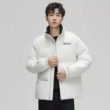 鸭鸭 加厚保暖休闲宽松无性别刺绣字母泡芙面料简约立领暗黑羽绒服外套 男款