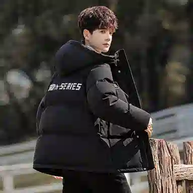 鸭鸭 加厚保暖宽松连帽防风印花字母简约无性别面包服夹克暗黑休闲羽绒服外套 男款