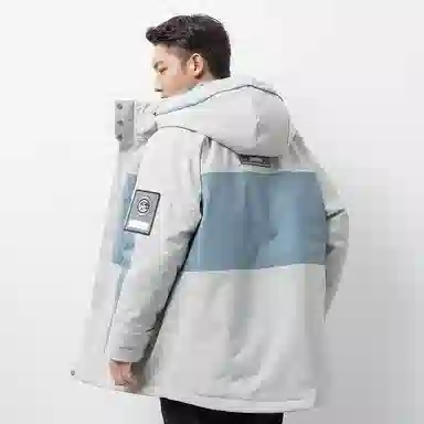 鸭鸭 拼接撞色中长款连帽滴塑标设计休闲宽松工装加厚保暖羽绒服 男款