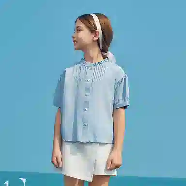 儿童款 【天丝凉感】英氏 夏季 法式立领莱赛尔衬衣中大童衣服女童甜美短袖褶皱衬衫