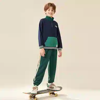 【卫衣两件套】英氏 童装 半开领袋鼠袋卫衣织带卫裤中大童中小学生休闲运动套装 春秋款 男童