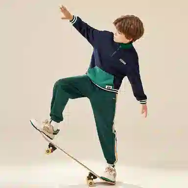 【卫衣两件套】英氏 童装 半开领袋鼠袋卫衣织带卫裤中大童中小学生休闲运动套装 春秋款 男童