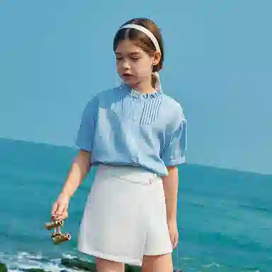 儿童款 【天丝凉感】英氏 夏季 法式立领莱赛尔衬衣中大童衣服女童甜美短袖褶皱衬衫