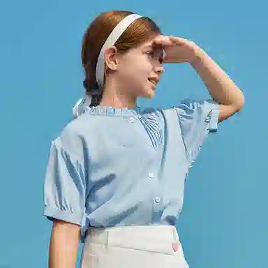 儿童款 【天丝凉感】英氏 夏季 法式立领莱赛尔衬衣中大童衣服女童甜美短袖褶皱衬衫