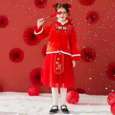 英氏 童装 国风拜年服加厚汉服上衣网纱过膝裙子中大童过年服裙装套装 冬季 女童