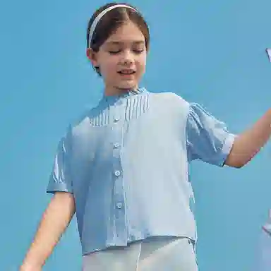 儿童款 【天丝凉感】英氏 夏季 法式立领莱赛尔衬衣中大童衣服女童甜美短袖褶皱衬衫
