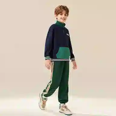 【卫衣两件套】英氏 童装 半开领袋鼠袋卫衣织带卫裤中大童中小学生休闲运动套装 春秋款 男童