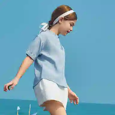 儿童款 【天丝凉感】英氏 夏季 法式立领莱赛尔衬衣中大童衣服女童甜美短袖褶皱衬衫