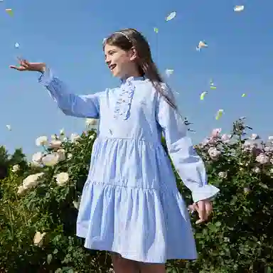 英氏 童装 纯色学院风半高领花边袖中长款裙子长袖儿童连衣裙 春秋款 女童