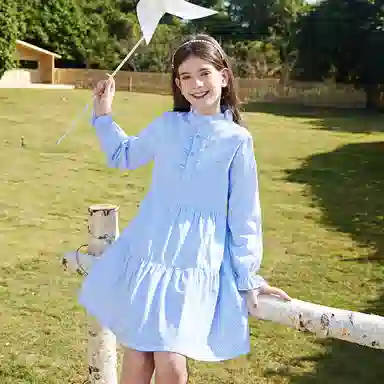 英氏 童装 纯色学院风半高领花边袖中长款裙子长袖儿童连衣裙 春秋款 女童