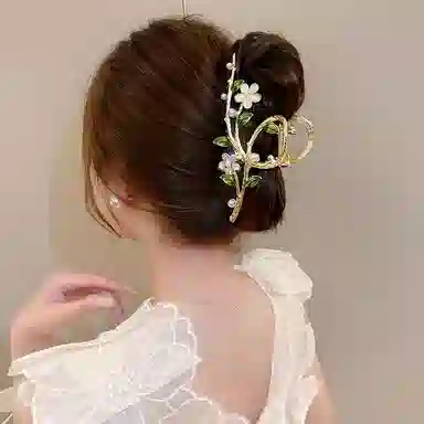 建禄 高级感大号绿叶花朵简约盘发后脑勺半扎发小清新小众设计优雅气质通勤百搭 合金 发夹 女款