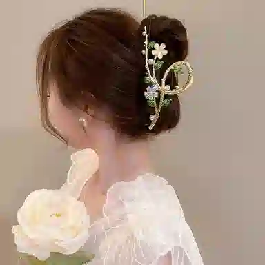 建禄 高级感大号绿叶花朵简约盘发后脑勺半扎发小清新小众设计优雅气质通勤百搭 合金 发夹 女款