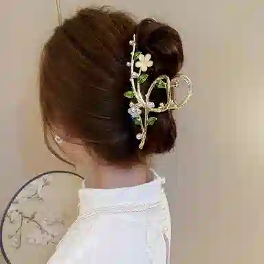 建禄 高级感大号绿叶花朵简约盘发后脑勺半扎发小清新小众设计优雅气质通勤百搭 合金 发夹 女款