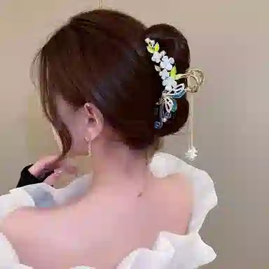 建禄 高级感国风花朵蓝蝴蝶简约抓夹小清新小众鲨鱼夹设计优雅发饰气质通勤百搭#好运 合金 发夹 女款