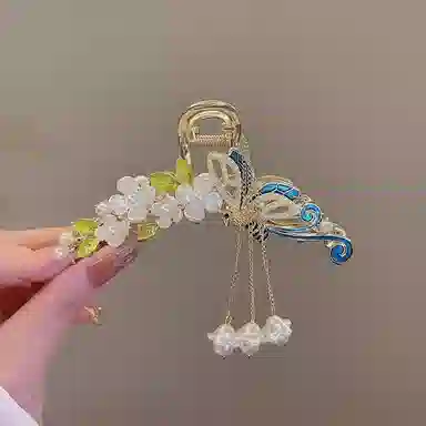 建禄 高级感国风花朵蓝蝴蝶简约抓夹小清新小众鲨鱼夹设计优雅发饰气质通勤百搭#好运 合金 发夹 女款