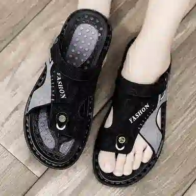 潮泽 休闲百搭外穿潮流 橡胶底 车缝线 防磨人字拖鞋 男款