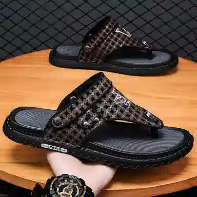 潮泽 百搭时尚潮流 车缝线 防磨人字拖鞋 男款