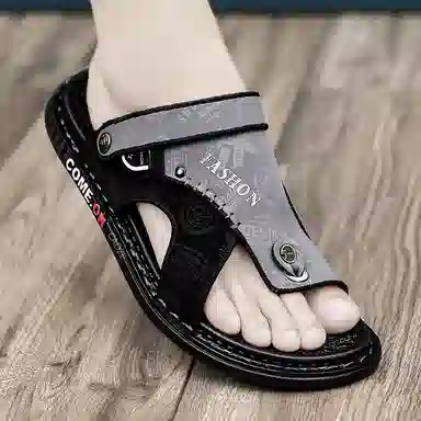 潮泽 休闲百搭外穿潮流 橡胶底 车缝线 防磨人字拖鞋 男款