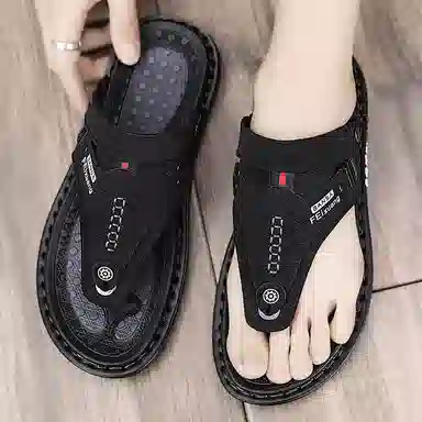 潮泽 通勤简约舒适户外 橡胶底 车缝线 防磨防滑人字拖鞋 男款