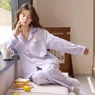 莫代尔 春秋季简洁个性百搭翻领开衫休闲轻盈透气性长袖长裤家居服可外穿女士睡衣套装 女款