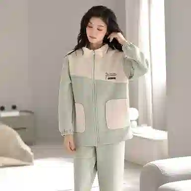 莫代尔 清新舒适柔软细腻高领拉链保暖蓄热宽松休闲简约长袖长裤家居服可外穿睡衣套装 女款