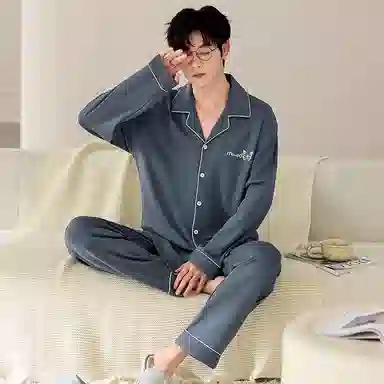 莫代尔 韩版个性耐穿纯棉翻领开衫百搭轻盈透气长袖长裤家居服男士睡衣套装 男款