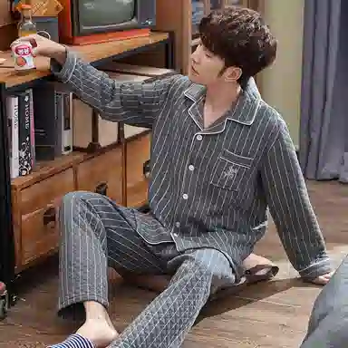 莫代尔 休闲简约舒适保暖翻领开衫蓄热轻盈亲肤柔软可外穿的家居服睡衣套装 男款