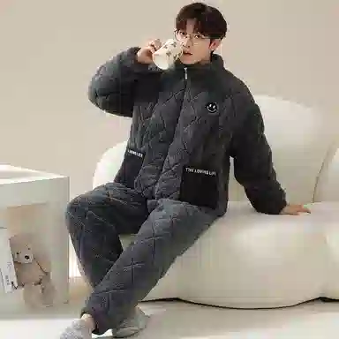 莫代尔 舒适柔软细腻半高领拉链款个性百搭保暖加厚长袖长裤家居服可外穿睡衣套装 男款