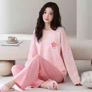 莫代尔 春秋季轻盈透气个性纯棉圆领套头舒适宽松带胸垫防凸点家居服可外穿睡衣套装 女款