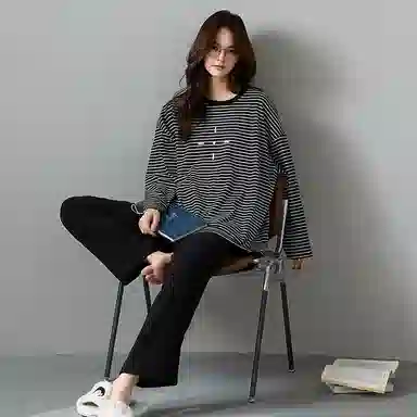 莫代尔 个性休闲简约百搭圆领套头舒适宽松显瘦保暖长袖长裤家居服可外穿女士睡衣套装 女款