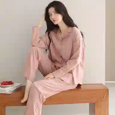 莫代尔 春秋季甜美风休闲简约翻领开衫纯棉宽松显瘦长袖长裤家居服可外穿女士睡衣套装 女款