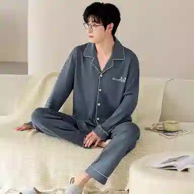 莫代尔 韩版个性耐穿纯棉翻领开衫百搭轻盈透气长袖长裤家居服男士睡衣套装 男款