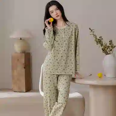莫代尔 清新轻盈透气百搭纯棉圆领套头舒适亲肤细腻长袖长裤家居服可外穿睡衣套装 女款