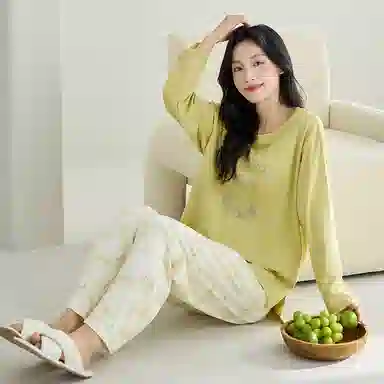 莫代尔 春秋季清新韩版个性纯棉圆领套头气质简洁长袖长裤家居服可外穿女士睡衣套装 女款